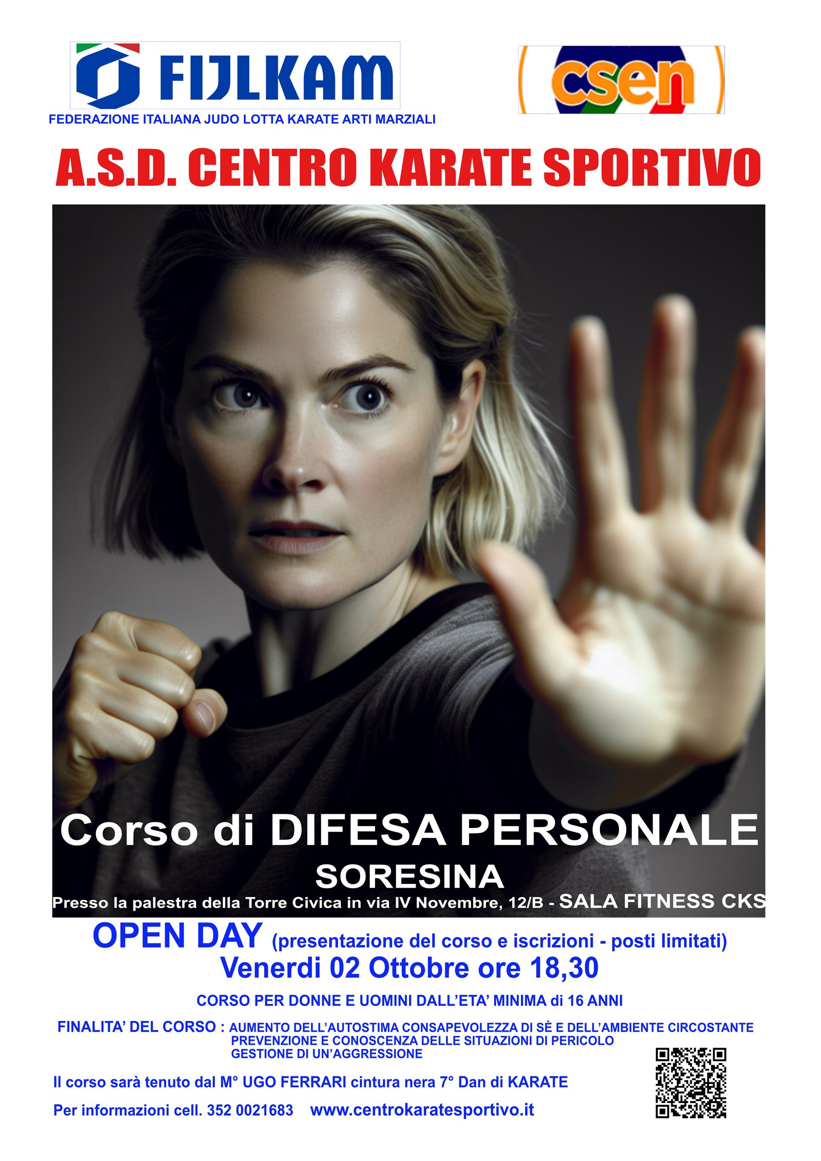 Locandina del corso di difesa personale CKS a Soresina, Open Day il 2 ottobre 2026 alle 18:30